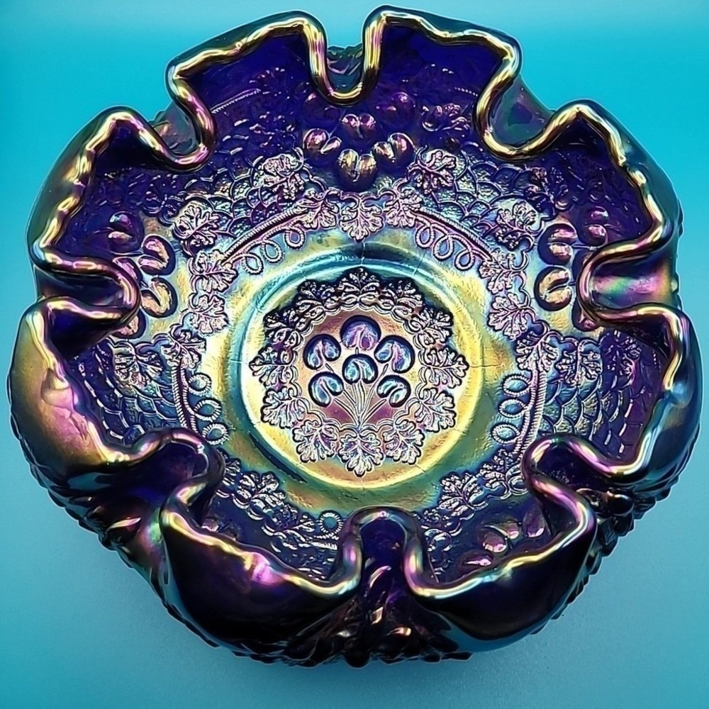 Fenton Rose Bowl‎ Carnival Glass 8" Royal Blue Cherry Chain Variant Orange Tree